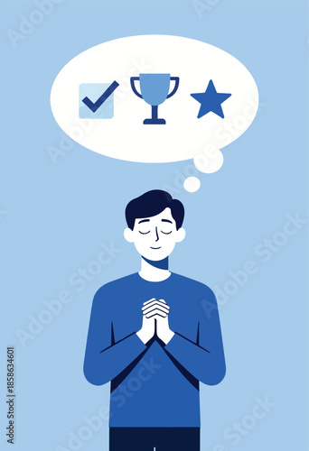 A man with his eyes closed, hands clasped, dreaming of a checkmark, trophy, and star
