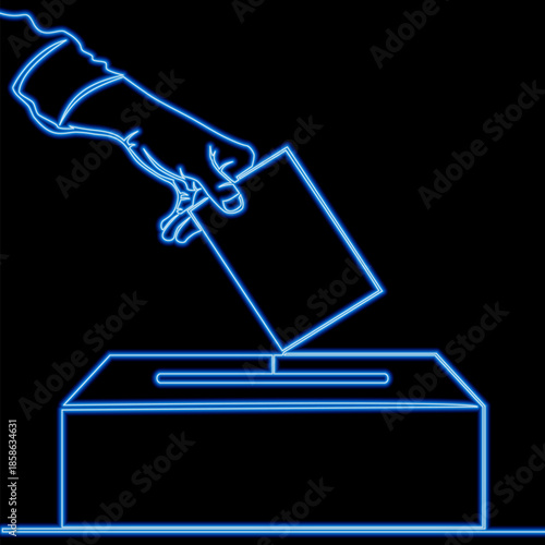 Hand placing ballot into voting box symbolizing democracy and election process icon neon glow vector illustration concept
