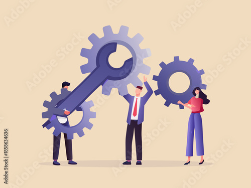 Teamwork and collaboration with gears and a wrench illustrating problem solving