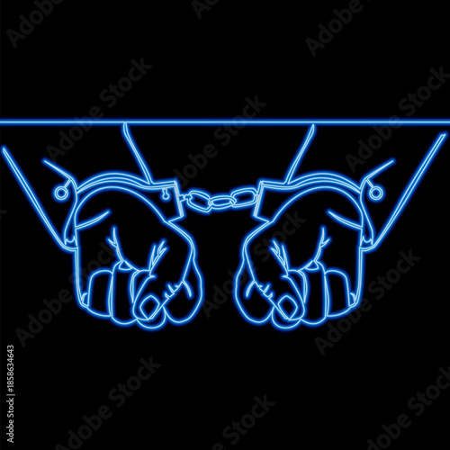 Two hands in police handcuffs symbolizing arrest and law enforcement icon neon glow vector illustration concept