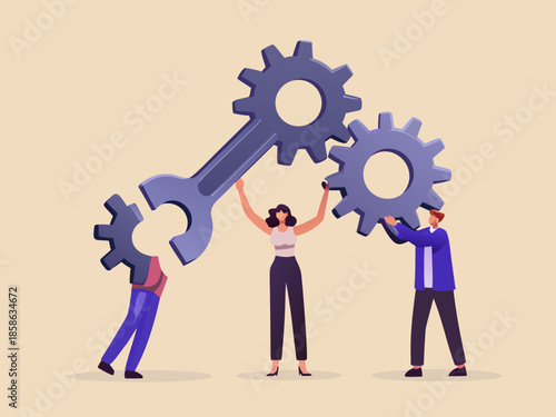Teamwork and collaboration people supporting interconnected gears and a wrench