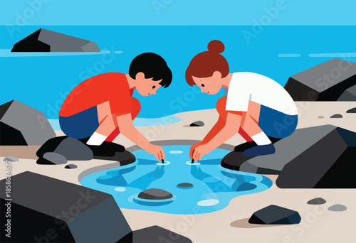 Children squat by a tidal pool, exploring the water with sticks