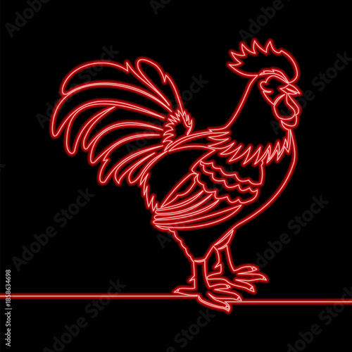 Continuous one single line drawing Red rooster icon neon glow vector illustration concept