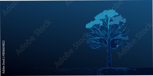 A solitary tree silhouette against a dark deep blue monochromatic background