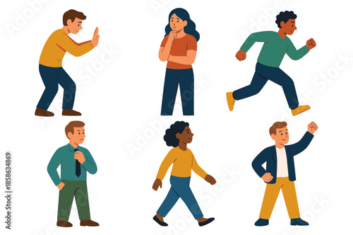 Diverse cartoon characters in various poses and actions on white background