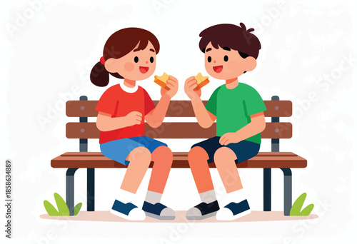 Two children, a girl and a boy, sit on a park bench sharing star-shaped snacks