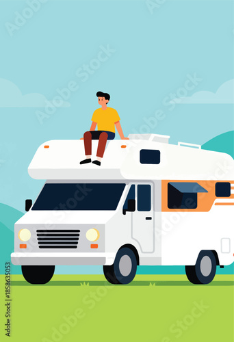 Person sits atop a recreational vehicle parked on a grassy field