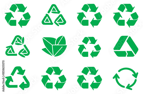 Set of recycle icon symbol vector green line and solid design on white background