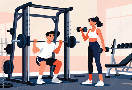 Two people exercising in a gym, one lifting weights and the other doing squats