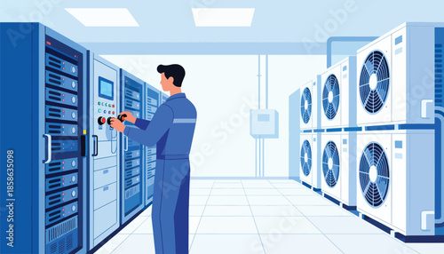 Technician adjusts controls in a server room with air conditioning units