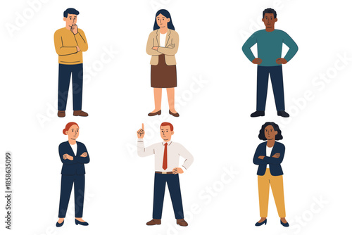 Diverse business professionals in modern attire standing in various poses