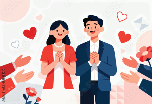 Joyful couple celebrates with clapping hands, hearts, and flowers