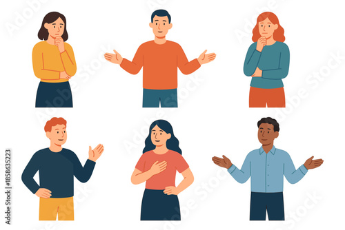 Diverse characters in casual clothing gesturing with confident poses and facial expressions