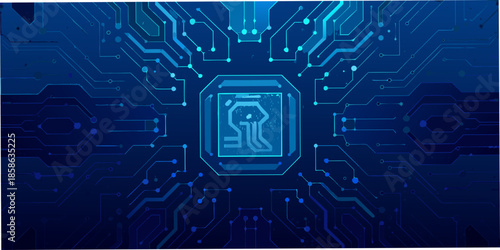 Abstract blue circuit board and microchip digital technology background illustration