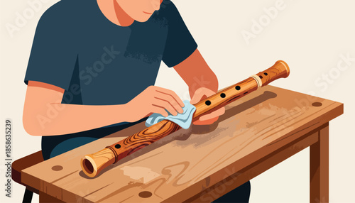 Person cleans a wooden recorder with a cloth on a table
