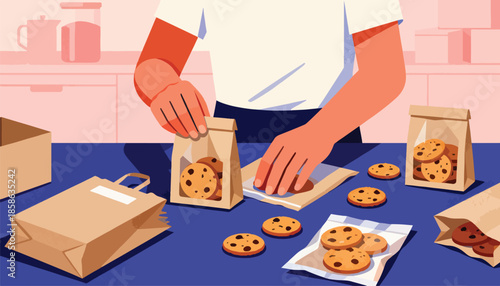 Hands carefully package chocolate chip cookies into paper bags and plastic