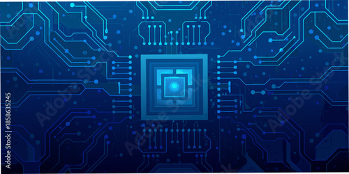 A futuristic blue circuit board pattern with a central processing unit design