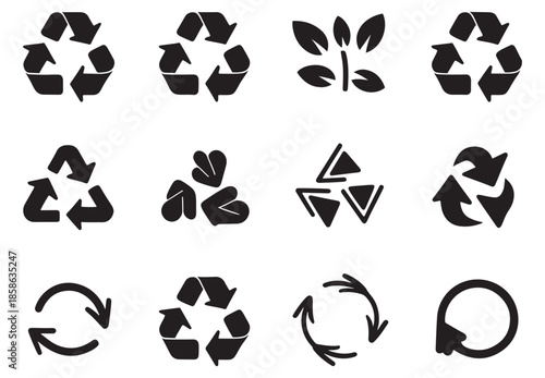 Set of recycle icon symbol vector black line and solid design on white background