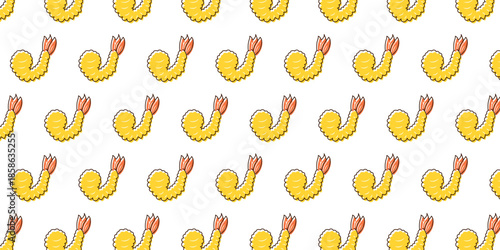 Delightful crispy fried shrimp cartoon pattern, a fun and appetizing seamless background for food menus, kitchen decor, or playful snack-themed designs and digital projects