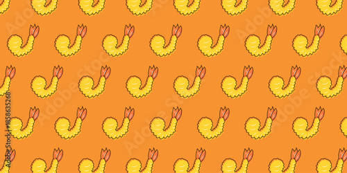 Seamless pattern of delicious fried shrimp on an orange background, perfect for food-themed designs and culinary presentations