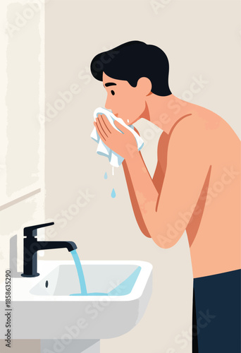 Person wiping face with towel at sink with running water