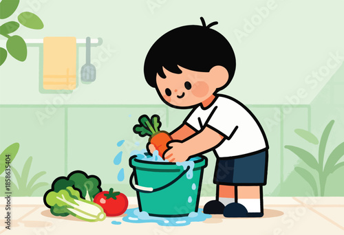 Child washes carrot in bucket with broccoli and tomato nearby