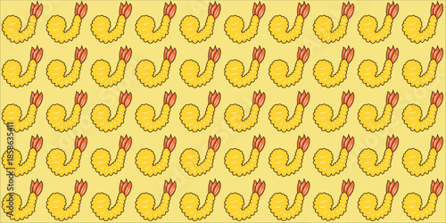 A vibrant yellow seamless pattern featuring repeating illustrations of golden fried shrimp with red tops, perfect for culinary or decorative themes