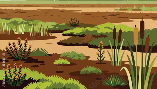 Stylized wetland scene with cattails, grasses, and flowering plants in earthy tones
