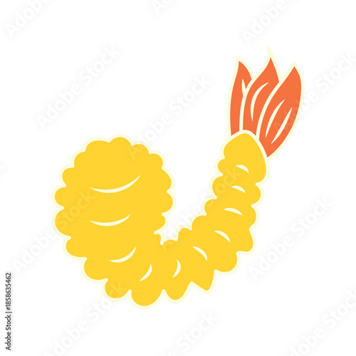 Stylized golden deep-fried shrimp with a crisp, wavy batter and an orange tail, a delicious seafood snack, perfect for culinary themes