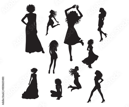 Dancing Women Silhouette Vector Set, Elegant Female Dance Poses Illustration.