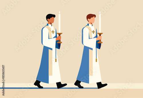 Two people in religious attire walking, holding lit candles
