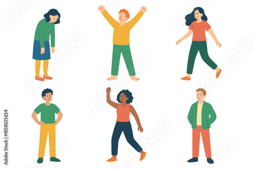 Diverse characters expressing emotions through body language in flat design