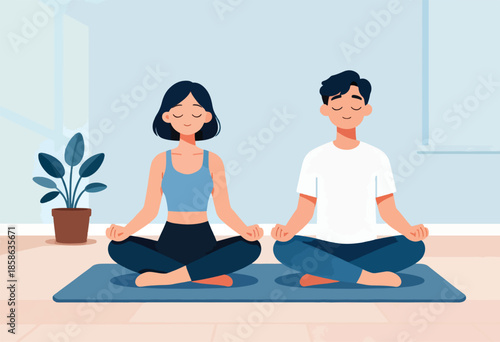 Couple meditates together indoors, promoting well-being and tranquility