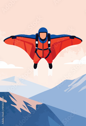 Man in wingsuit flying over snow-capped mountains