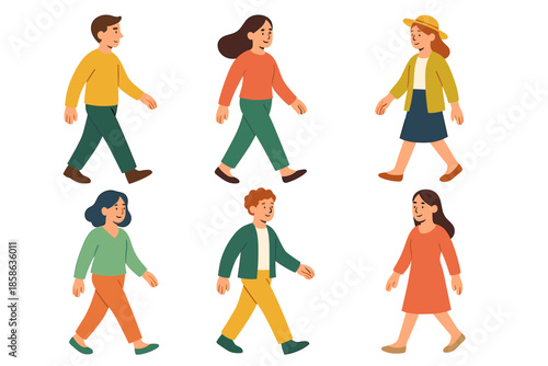 Flat style cartoon people walking in various outfits