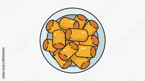 Golden brown fried spring rolls piled on a ceramic plate, representing a popular Asian appetizer or savory snack for various occasions