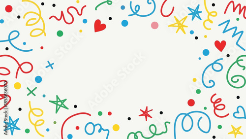Cheerful and vibrant hand-drawn doodle border featuring an assortment of colorful squiggles, dots, stars, and hearts, perfect for playful backgrounds and festive frames