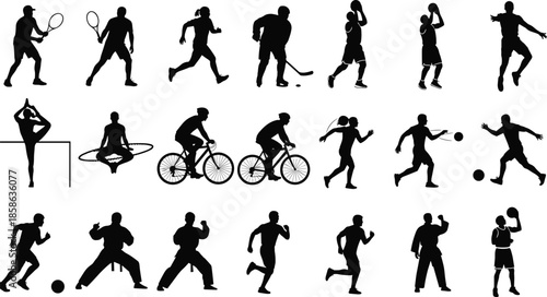 Set of black silhouettes of athletes practicing various sports including tennis, basketball, cycling, martial arts, hockey, gymnastics, and running isolated on white background