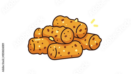 A stack of delicious golden-brown fried snacks, cartoon illustration, perfect for appetizers, parties, or a delightful quick meal, featuring a crunchy texture and savory flavor