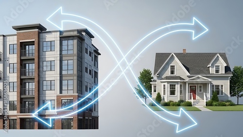 Exchange between apartment building and single family home representing housing choices. 1031 Exchange for commercial real estate