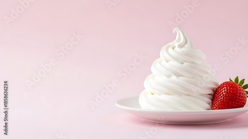 Light and airy meringue swirl or whipped cream served with a fresh ripe strawberry on a white plate against a pink background