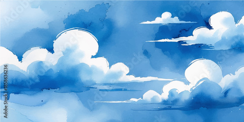 A bright blue sky with white clouds and sunlight creates a beautiful summer landscape over the sea, reflecting nature's atmospheric beauty in a sunny outdoor cloudscape