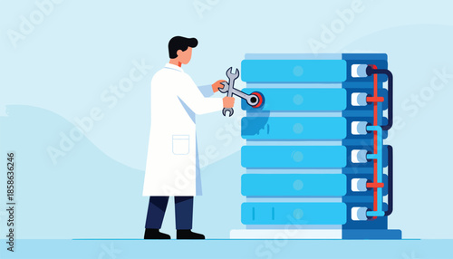 Technician in lab coat uses wrench on server rack with blue and white accents