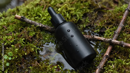 Mossy surface with black bottle resting on it