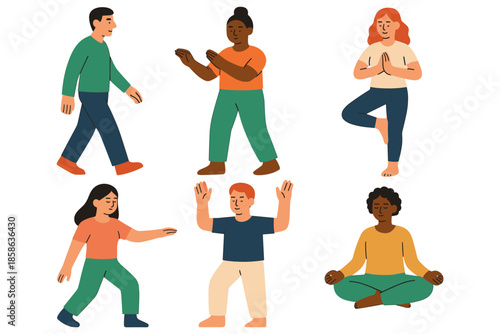 People practicing yoga and t'ai chi in flat design