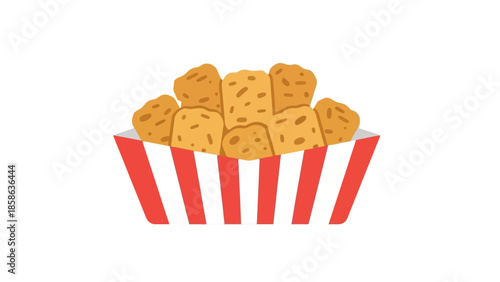 Cartoon illustration of crispy golden chicken nuggets served in a classic red and white striped paper bucket, representing a popular savory snack or fast food item