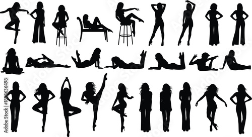 Set of fashion woman silhouette posing in various positions, female model standing, sitting, lying, dancing, active lifestyle vector icons, isolated on white background