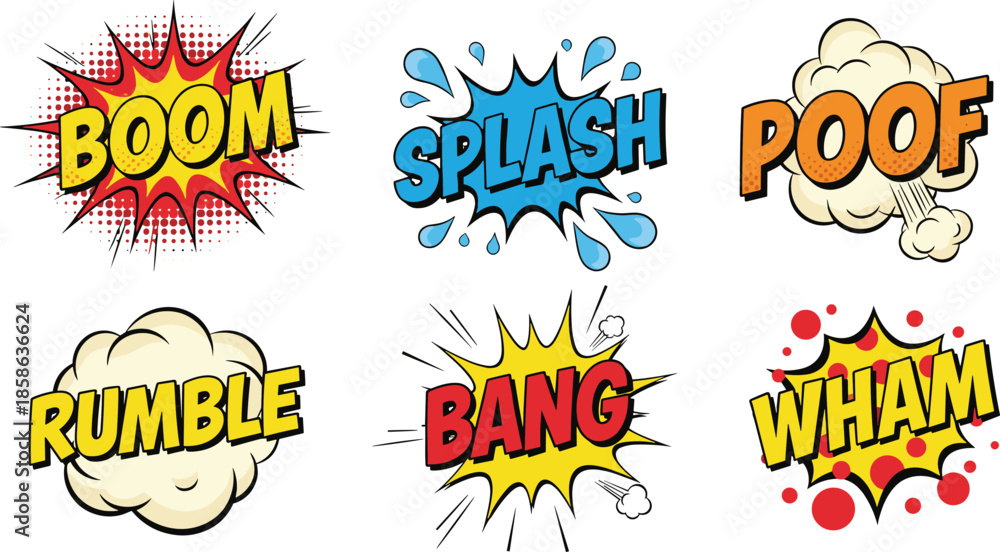 Naklejka premium Colorful comic sound effect words boom splash poof bang wham rumble pop art cartoon explosion stickers set illustration design