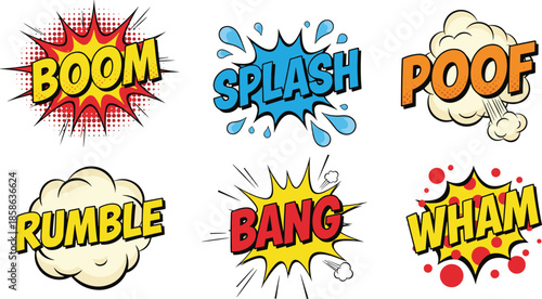 Colorful comic sound effect words boom splash poof bang wham rumble pop art cartoon explosion stickers set illustration design