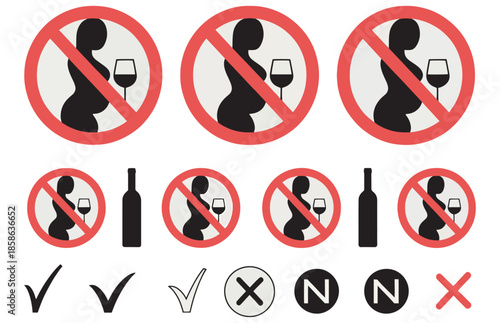 Pregnant woman prohibition symbol alcohol drink wine no alcohol signs vector